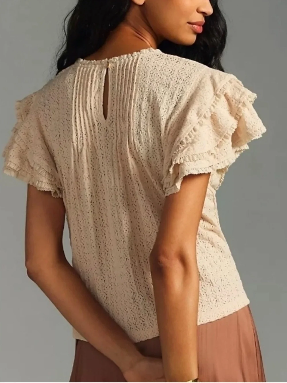 Anthropologie Lace Blouse Cream Pintucked Top Stretch Flutter Ruffle Sleeve XL - Picture 7 of 17